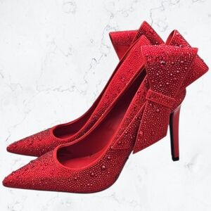 INC Bright Red Jewel Rhinestone Christmas Holiday Bling Bow Heels